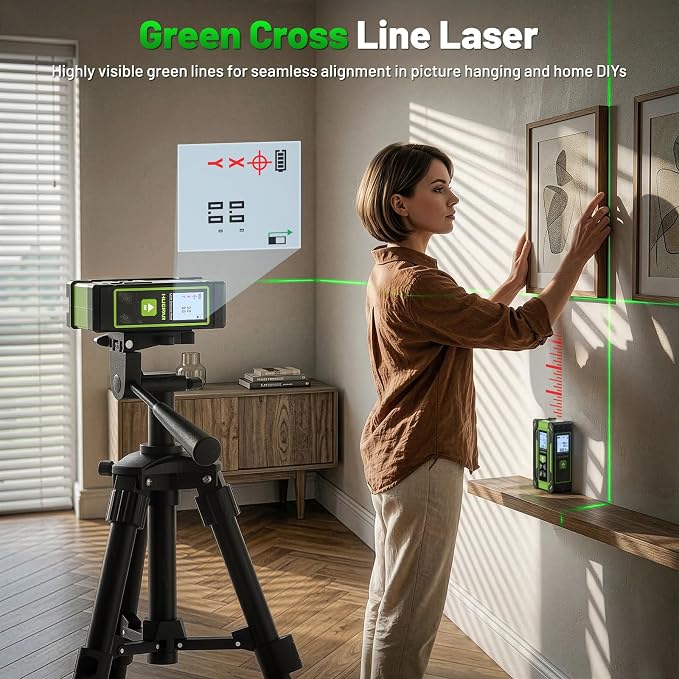 Digital Laser Tape Measure 4-in-1, HUEPAR ±1/16" Laser Measure with Dual HD Display, 200Ft Rechargeable Laser Measurement&33Ft Green Cross Line Laser&10Ft Tape, for Area/Volume/Pythagorean/Leveling