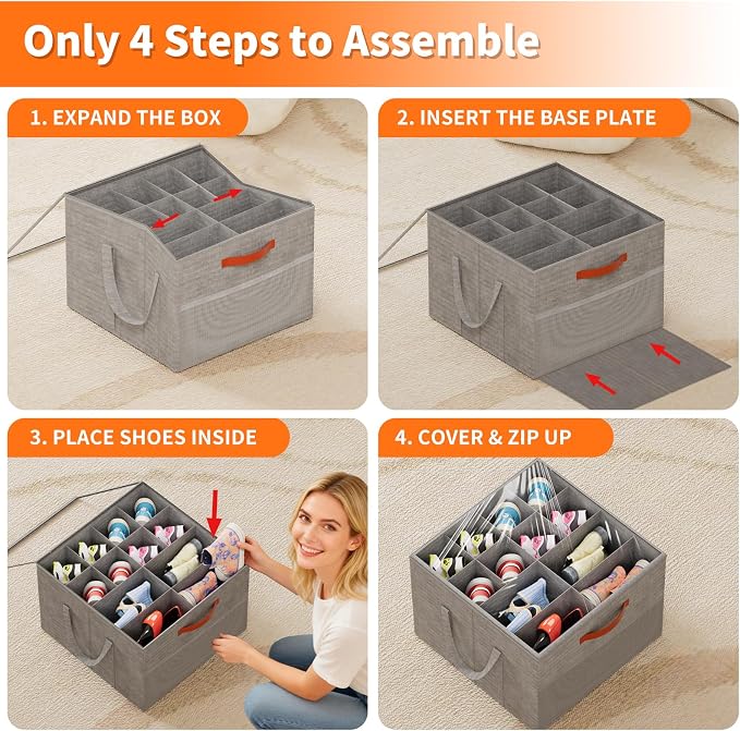 Aokeyee 2 Pack Shoe Organizer for Closet, Stackable Shoe Storage Box, Grey | Fits up to 32 Pairs, Space Saving, Foldable, Shoes Organizer Bin with Clear Cover, 4 Reinforced Handles