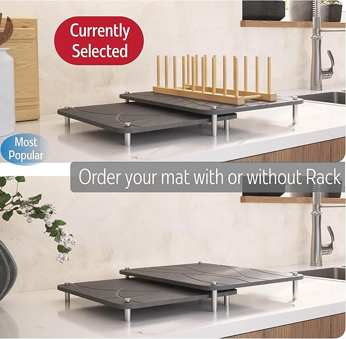 Nested Dish Drying Stone Mat with Bamboo Rack | Large 16"x12" Dish Drying Mat plus 13"x12" Diatomaceous Earth Stone Mat | Expands to 29” x 12” | Premium Stone Mat for Kitchen Counter (Dark Gray)