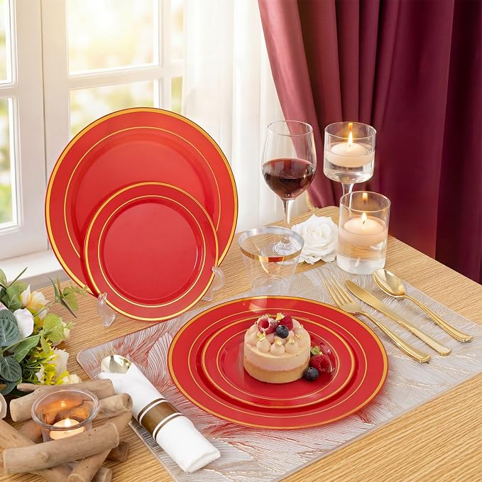 WDF Partyware 175 Pieces Red Plastic Plates with Gold Rim Include Dinner Plate 10" Dessert Plate 7" gold Cups 9 OZ, Pre Rolled Napkins 25 of each type for Wedding/Party/Birthday