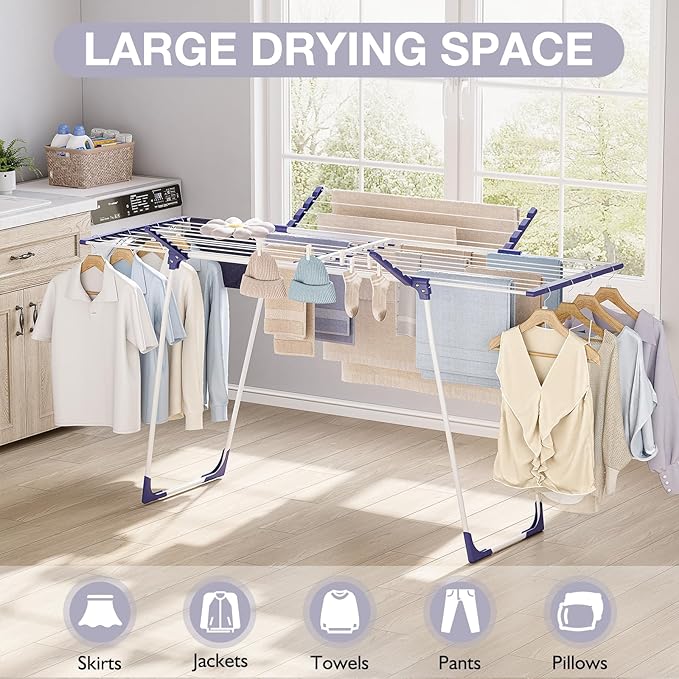 APEXCHASER Clothes Drying Rack - Foldable Laundry Rack Indoor Outdoor, Gullwing Drying Rack Clothing with 10pcs Clips + Bag, Collapsible Space-Saving Clothes Rack for Drying Towels, White