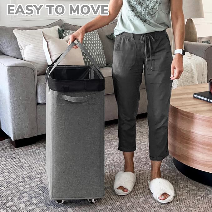 CHICVITA Laundry Basket with Wheels, 75L Slim Laundry Hamper with Removable Wash Bag for Bedroom, Clothes Hampers for College Dorm, Light Grey