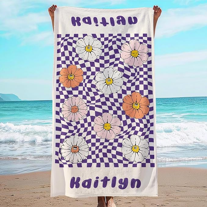 JML Personalized Beach Towel with Name, Custom Flower Beach Towel, Customized Microfiber Pool Towel, Quick Dry & Absorbent Swim Towel for Adult,Anniversary, Birthday, Summer Holiday,Vacation