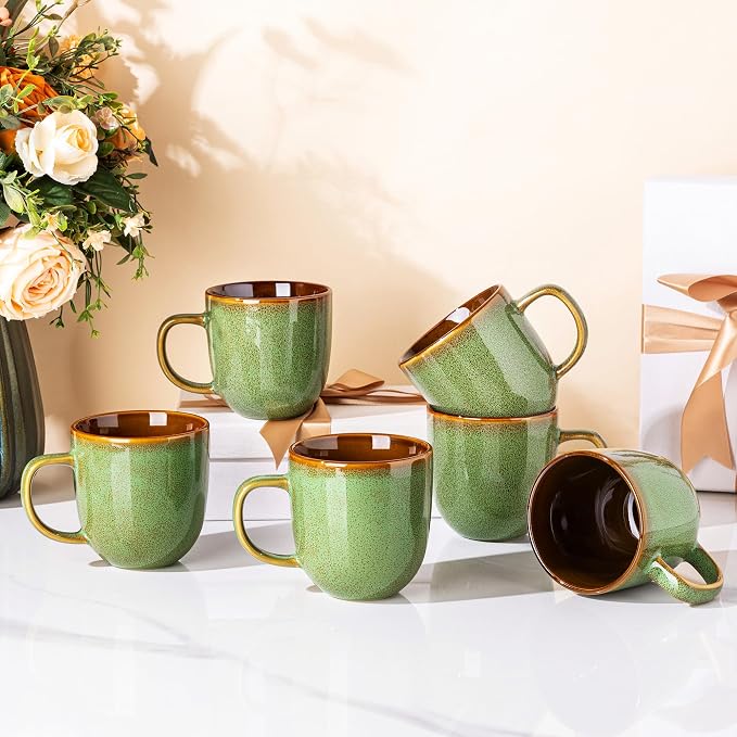 LERATIO Ceramic Coffee Mugs Set of 6,12oz Handmade Coffee Mugs Set | Large Handle for Cappuccino/Latte/Tea/Hot Cocoa,Oven &Dishwasher & Microwave Safe-Sage Meadow Green