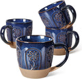 Artena Ceramic Coffee Mugs Set of 4, 16oz Embossed Large Latte Mugs Coffee Cups with Handle for Tea, Latte, Cappuccino & Cocoa, Milk Dishwasher & Microwave Safe, Blue (Pinwheel Flower)