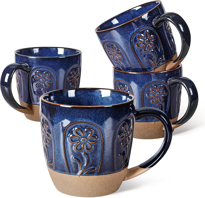 Artena Ceramic Coffee Mugs Set of 4, 16oz Embossed Large Latte Mugs Coffee Cups with Handle for Tea, Latte, Cappuccino & Cocoa, Milk Dishwasher & Microwave Safe, Blue (Pinwheel Flower)