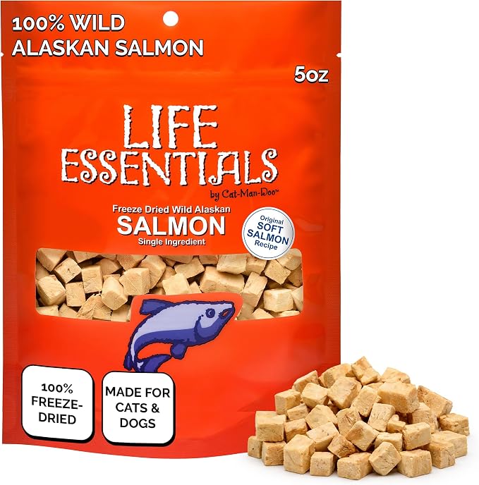 Life Essentials by Cat-Man-Doo | Freeze Dried Salmon Treats | 5oz Bag | Freeze-Dried, Premium Wild Caught Salmon, Healthy, Single Ingredient, High Protein, Pet Treats, Food Topper for Cats & Dogs