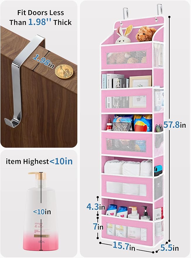 JARLINK Over the Door Organizer for Pantry, Bathroom, 5 Shelf Pink, 2 Pack | Anti-Tilt Design, 44 lb Load Capacity, Hanging Door Organizer with 5 Large Capacity Pockets, Behind Door Storage for Nursery