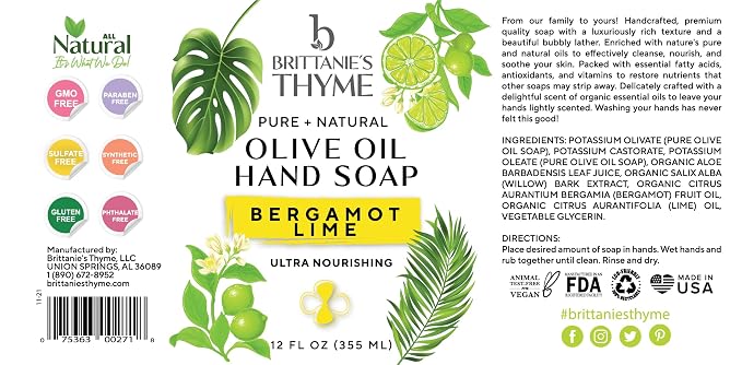 Brittanie’s Pure Castile Liquid Soap Refill, Bergamot Lime, 12 Ounce 3 Pack | Dish Soap, Hair & Body, Home, Gentle and Pure, Made with Natural Luxurious Oils, Vegan & Gluten Free Non-GMO