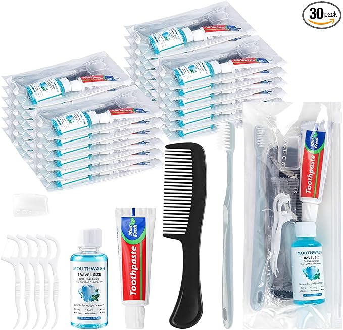 Travel Toothbrush Kit Bulk, Hygiene Kit Bulk with Toothbrush Toothpaste Set, Floss Picks, Comb, Travel Mouthwash, Toothbrush Cover, Individually Packaged, for Travel, Hotels (30-Pack)