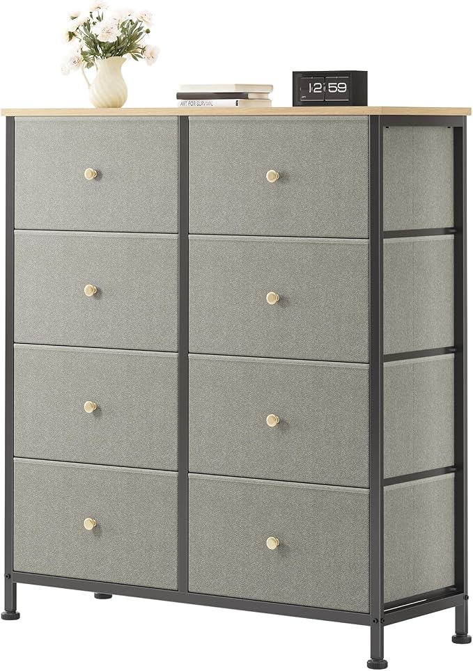 OLIXIS 8 Drawer Storage Dresser with Wood Top - Wide Fabric Chest Organizer for Bedroom, Closet, Living Room,Tower Cabinet, TV Stand, Hallway Entryway Furniture,Dark Green