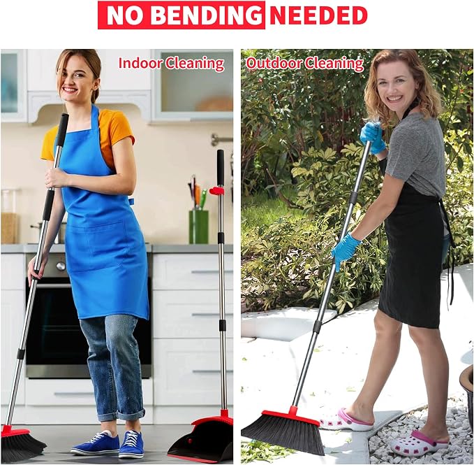 Broom with Dustpan Combo Set, Dust Pans with Long Handle for Upright Sweeping, Standing Broom and Dustpan Set with Self-Cleaning Teeth for Home, Kitchen & Office Floors(Red & Black)