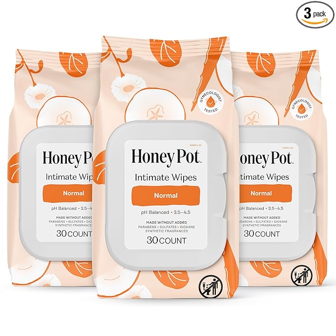 The Honey Pot Company - Feminine Wipes - Normal - pH Balancing, Herbal Infused Plant-Based Feminine Care for Sensitive Skin - Cleansing Wipes for Women - 30ct (Pack of 3)