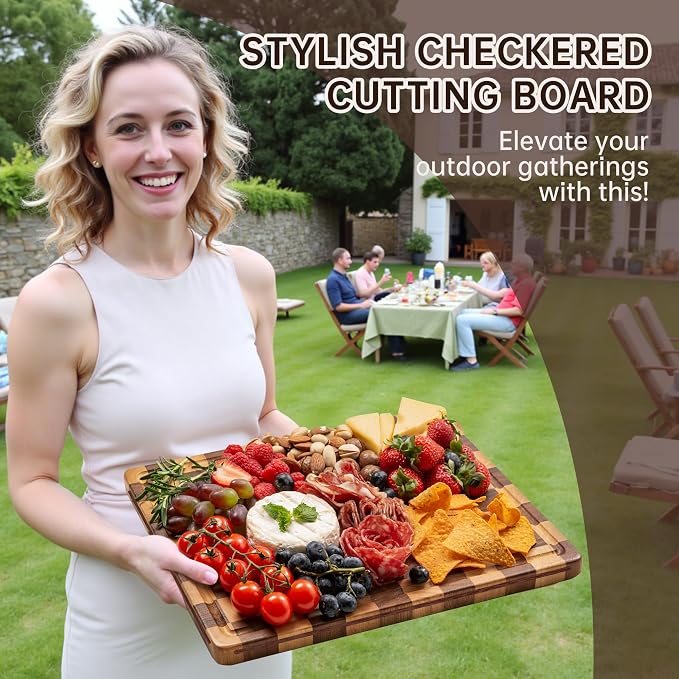 Checkered Cutting Board Set, Walnut Wood Cutting Boards for Kitchen | 3PCS Wooden Chopping Board with Juice Groove & Handles, Upgraded Decorative Serving Tray for Meat Vegetables Fruits with Box