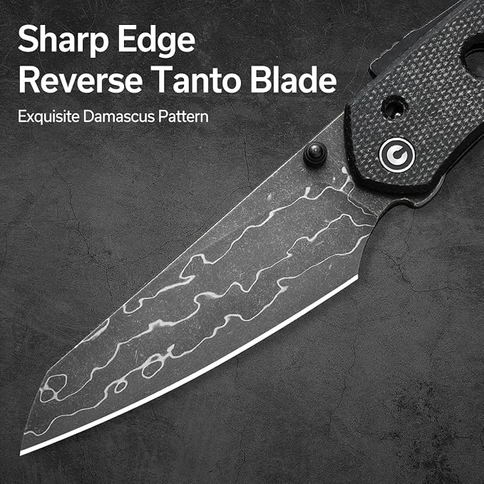 CIVIVI Vision FG Pocket Knife,3.54" Damascus Reverse Tanto Blade C22036-DS2 | Superlock Folding Knife with Micarta Handle, Reversible Ambidextrous Clip for EDC Camping Hiking