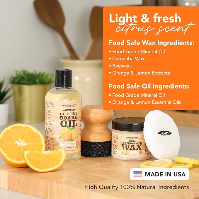 CLARK'S Food Grade Cutting Board Full Care Kit, Orange Lemon Scent - 4 Pack | Includes Food Grade Mineral Oil, Cutting Board Wax, Oil & Wax Applicators, Buffing Pads - Restores & Protects