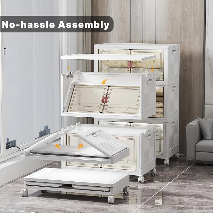 Stackable Storage Bins, 1050QT Collapsible Drawers with 2 Lids | Large Capacity, Magnetic Door, Stack Lock, Rolling Wheels, Foldable Design, Organizers and Storage for Bedroom Dorm Garage