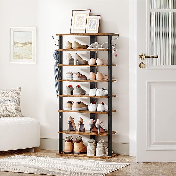 HOOBRO 8 Tiers Vertical Shoe Rack, Wooden Shoe Storage Organizer with Hooks, Narrow Shoe Tower for 16 Pairs, Space Saving, for Entryway, Living Room, Bedroom, Rustic Brown BF750XJ01