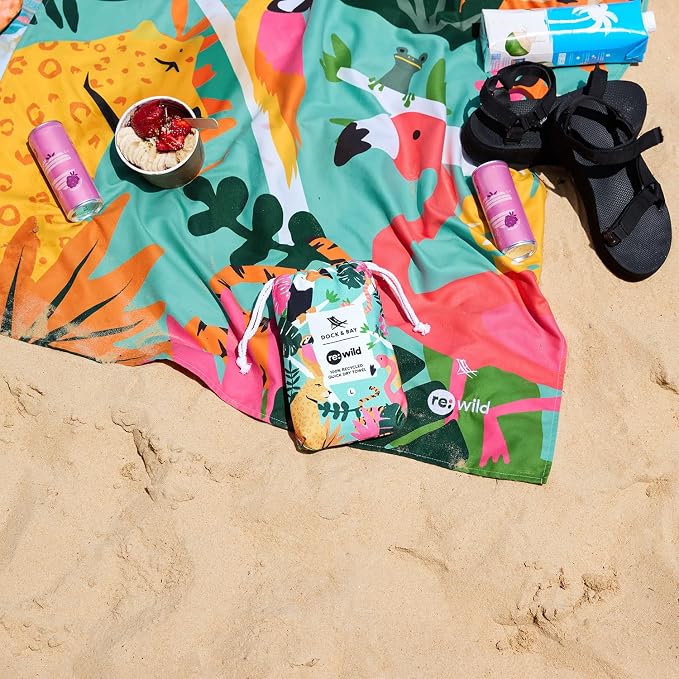 Dock & Bay Beach Towel - Quick Dry, Sand Free - Compact, Lightweight - 100% Recycled - Includes Bag - Wild Things - Extra Large (200x90cm, 78x35)