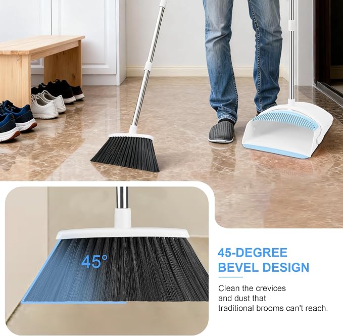 Broom with Dustpan Combo Set for Home, 52-in Long Adjustable Handle Angle Broom and Dustpan Set with Dustpan Comb Teeth for Sweeping Pet Hair Food Dirt Kitchen (White-Blue)