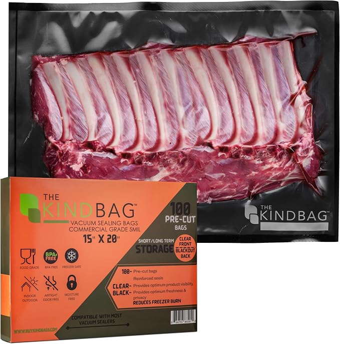 The Kind Bag Vacuum Seal Bags for Food Storage, 15x20 Inch 100 Pack, Pre-Cut 5mil Commercial Grade, Black Back Clear Front, BPA Free, Airtight and Freezer Safe, Prevents Freezer Burn