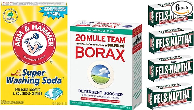 Laundry Soap Kit - Fels Naptha 4 bars, 20 Mule Team Borax Natural Laundry Booster, & Arm & Hammer Super Washing Soda