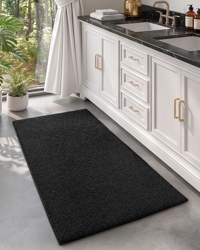Color&Geometry Bathroom Runner Non Slip, 24"x43" Black Bath Runner Rug, Absorbent, Soft, Washable, Microfiber Bath Mat Bathroom Carpet