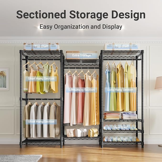 VIPEK V5 Heavy Duty Clothes Rack, Portable Closet Wardrobe with 4 Hanging Rods & 8 Shelves, Freestanding Adjustable Garment Rack for Bedroom, Walk-in Closet, 890 lbs Capacity, Black, 68.9" L