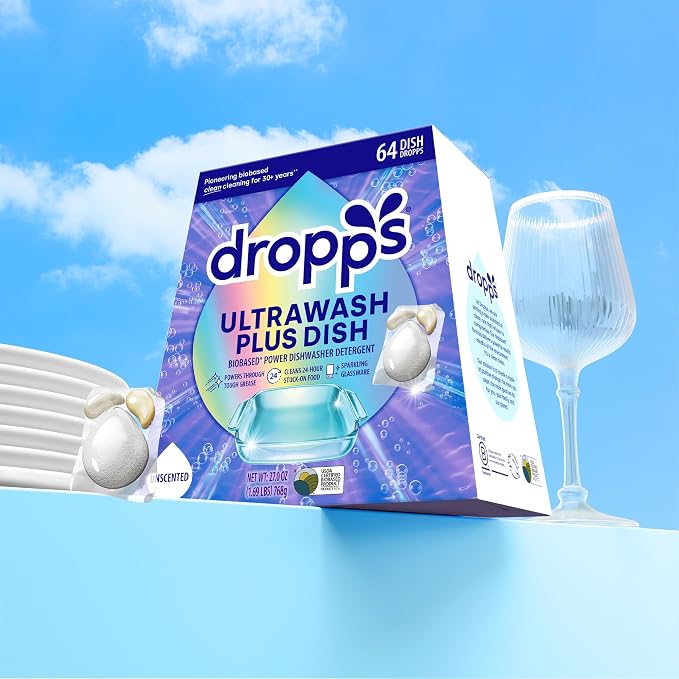 Dropps UltraWash Plus Dishwasher Detergent Pods, Unscented (64 Ct) Free & Clear | Triple Action | Built In Rinse Aid | Cuts Grease & Stuck-On Food | Sparkling Dishes | Residue-Free | Clean Ingredients
