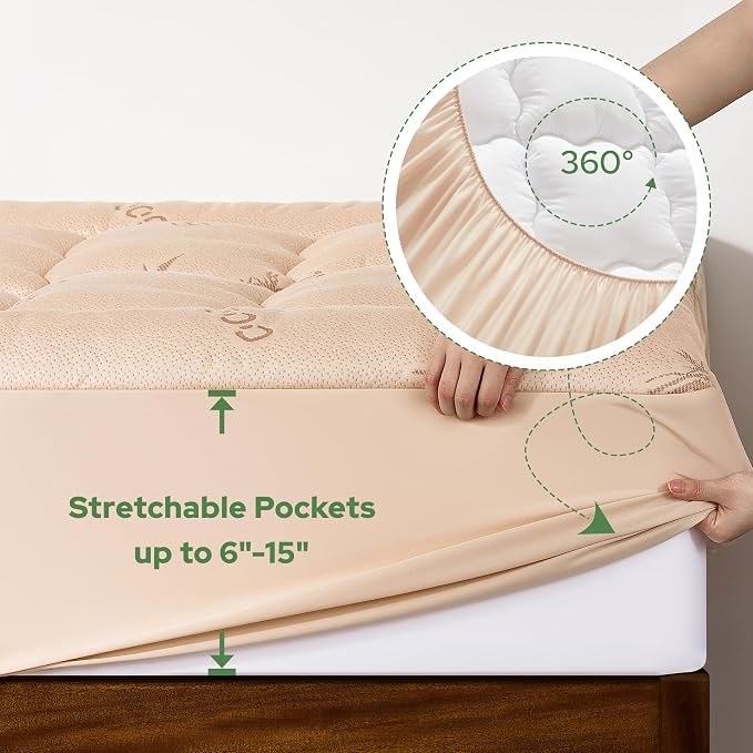 BEDLORE Twin XL Mattress Topper Viscose Derived from Bamboo, Thick Pillow Top Mattress Pad with Deep Pockets for 6-15 inches Mattress, Soft Mattress Topper College Dorm Size for Back Pain(Beige)