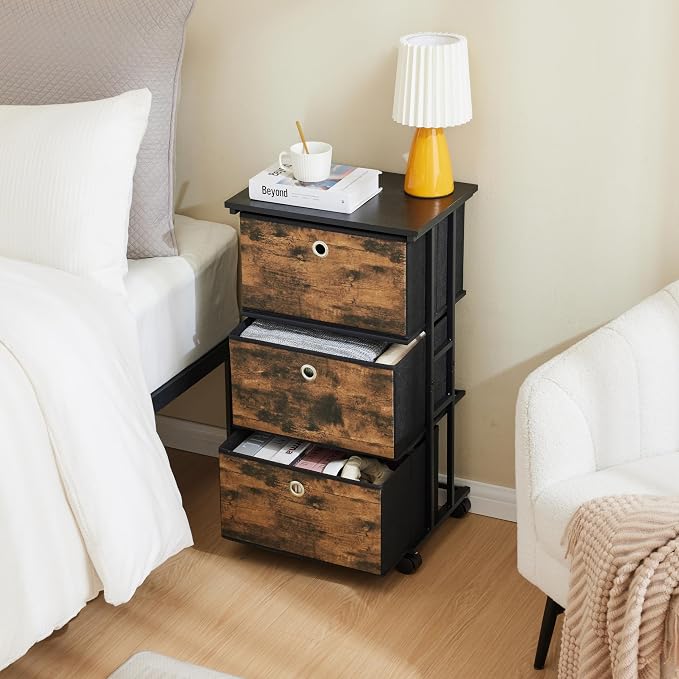 MAX Houser Dresser Storage with 3 Drawers, Fabric Tower Nightstand, Chest of Drawers,Vertical Storage Unit Organizer for Closets,Bedroom,Dorm, Wood Top, Rustic Brown Wood Grain Print