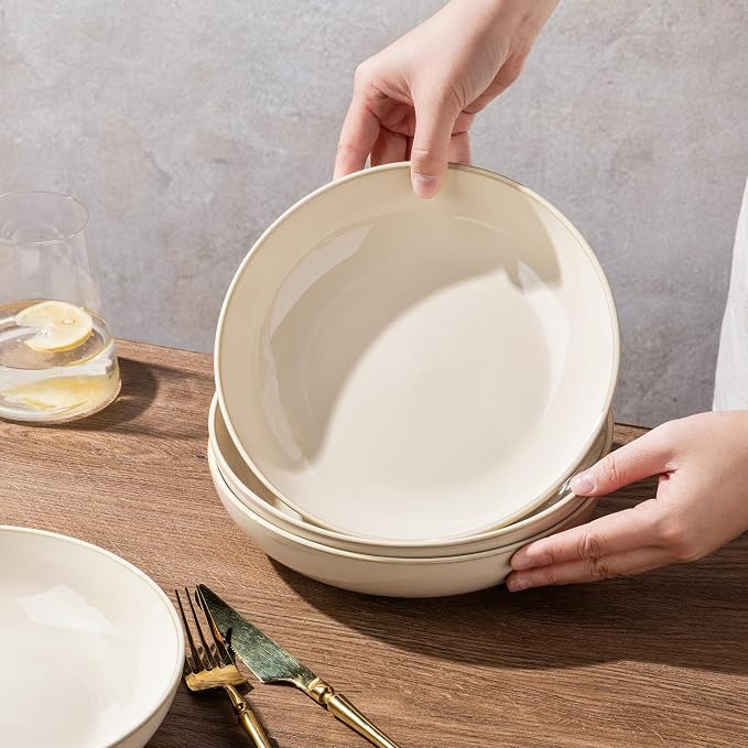 AmorArc 8.5'' Large Ceramic Pasta Bowls, 36oz Stoneware Pasta Serving Bowls Set of 4 for Kitchen, Wide Bowls for Pasta,Salad,OatmeaL,Microwave Safe, Reactive Glaze-Vanilla