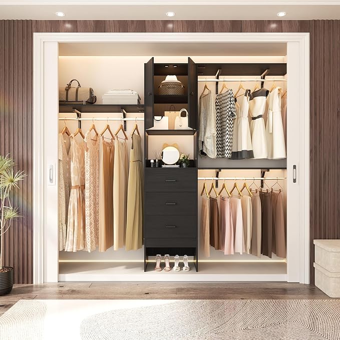 Armocity 96 Inches Closet System with Doors, 8FT Walk In Closet Organizer with 3 Shelving Towers, Heavy Duty Clothes Garment Rack with 3 Wood Drawers, 96" L x 16" W x 80" H, Max Load 1000 LBS, Black