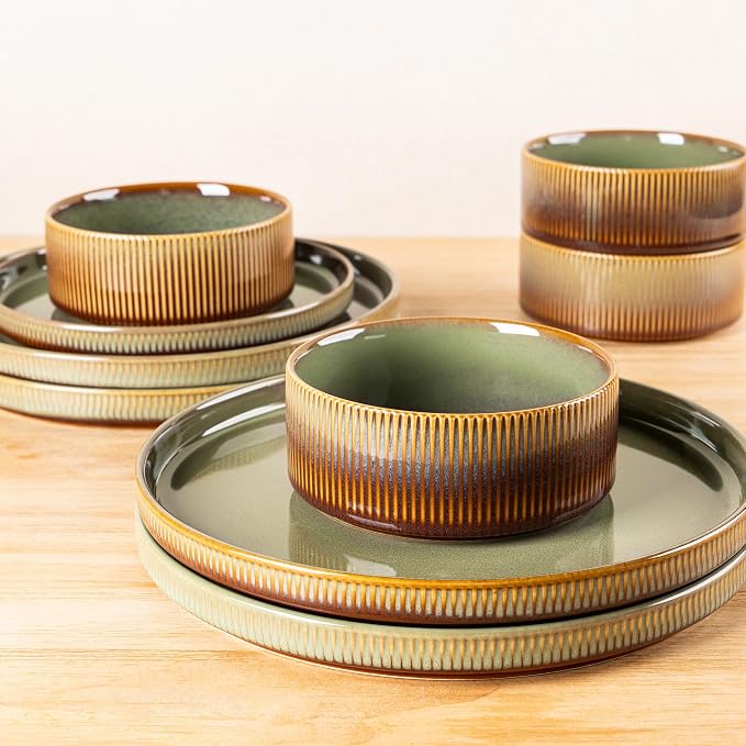 TheTerra Ceramic Dinnerware Sets for 6, 18 Pieces Porcelain Lightweight Plates and Bowls Sets, Scratch Resistant Dish Set, Oven & Microwave & Dishwasher Safe, Sage Umber