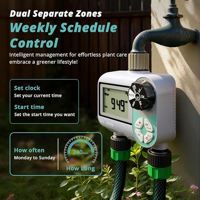 QUOBAS Sprinkler Timer, Weekly Programmable Water Hose Timer for Garden Hose Faucet with Waterproof LCD Screen, Rain Delay/Manual/Automatic Irrigation Watering System for Garden, Lawn, Yard