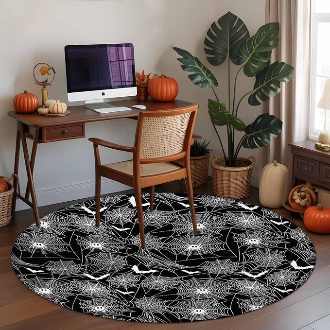 3.3 Ft Round Rug for Bathroom, Halloween Indoor Accent Rugs for Living Room, Black Scary White Bat Animal Net Geometric Decorative Circle Carpet Washable Low Pile Non Slip, Soft Rug for Bedroom