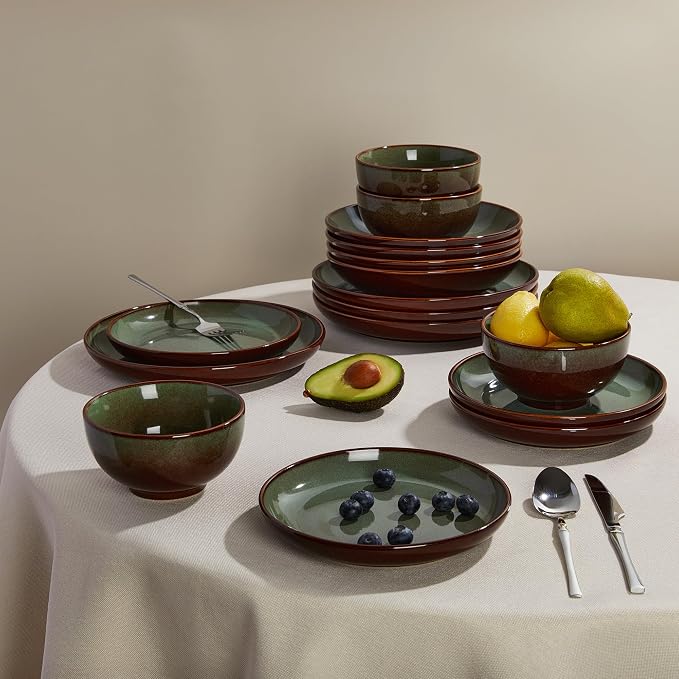 Pokini 24 Piece Double Bowl Dinnerware Sets with Pasta Bowls, Highly Chip and Crack Resistant Plates and Bowls Sets, Natural Earthyware Ceramic Dishware Sets, Service for 6 Brown Green