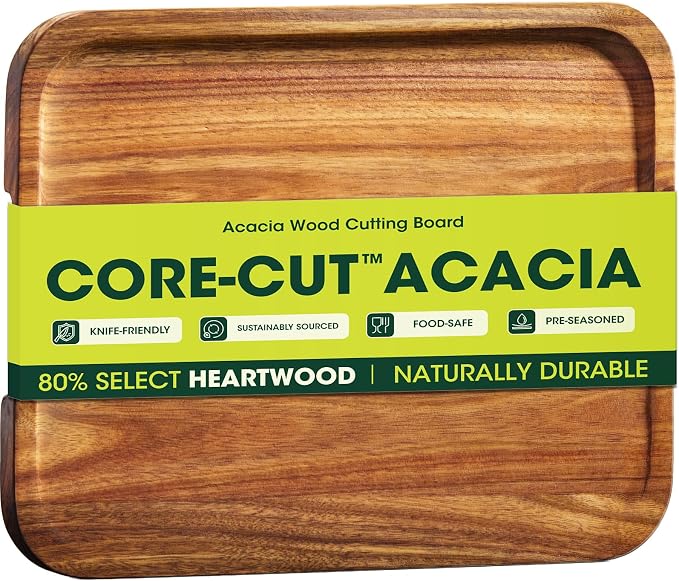 Starkbear Acacia Wood Cutting Board 15x11 Inch, Core-Cut Wooden Chopping Block for Kitchen with Sloped Juice Groove, Sleek Reversible Charcuterie Cheese Serving Tra