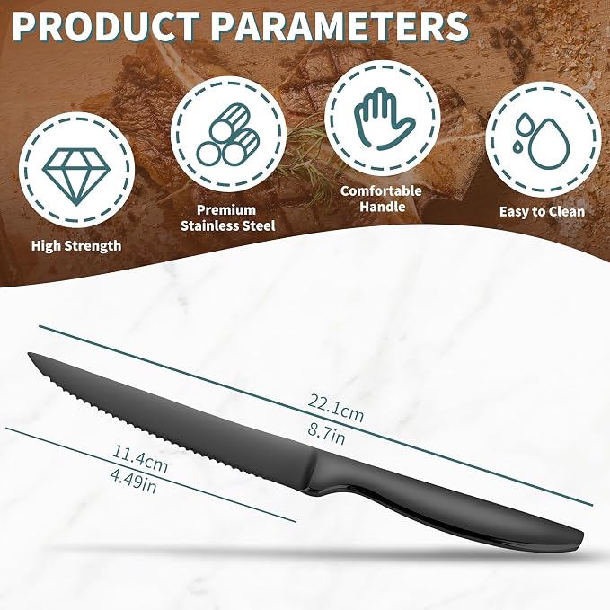 SuperCook Black Steak Knives of 12, High End Stainless Steel Steak Knives Set of 12, Dishwasher Safe Steak Knive, Serrated