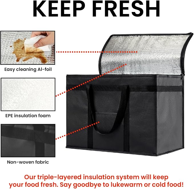 Insulated Food Bag, Portable Cooler Tote (XL Plus, Black, 4 Pack) | Large thermal bag, For cold & hot food, Soft sided cooler, Heavy duty carrier, Grocery shopping, Food delivery, Catering bag