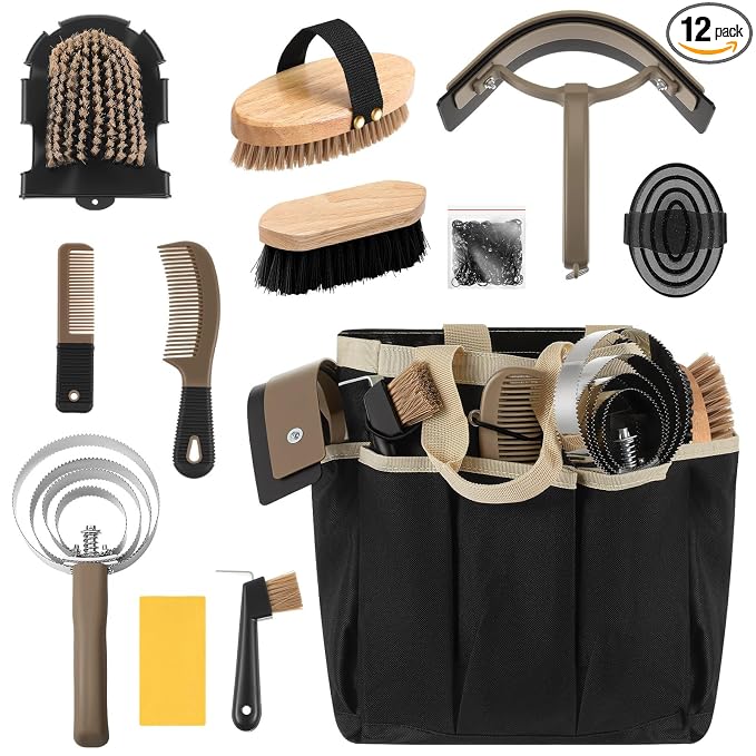 Abbylike 12 Piece Horse Grooming Kit with Organizer Tote Bag Brush Sets for Derby Day Show Horses Professional Tools for Care & Massage