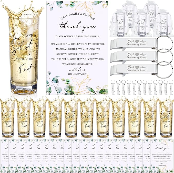 Sliner 100 Sets Wedding Favors for Guests Bulk 2oz Acrylic Personalized Shot Glasses with Bottle Opener Keychain Thank You Cards Organza Bags for Guest Wedding Gifts Newlyweds Bridal Shower Party