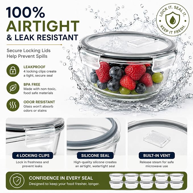 Sorbus Glass Meal Prep Containers Set, 8 Pack Round Borosilicate Glass Containers 32.7oz / 970ml, Airtight Vented Lids, Leakproof, BPA Free, Oven Microwave Freezer Dishwasher Safe, Stackable, 7x3 in