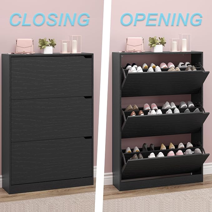 BORNOON Shoe Storage Cabinet with 3 Flip Drawers,Narrow Shoe Rack Cabinet,Freestanding Organizer Storage for Entryway, Hallway, Black
