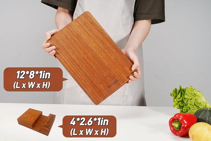 Solid Teak Wood Cutting Board One Piece Non Glued Thick Crack Resistant Wooden Chopping Board with DeepJuice Grooves Built in Handles for Kitchen Meat Vegetable 12x8 IN