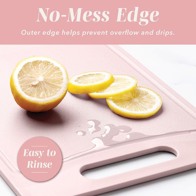 COOK WITH COLOR Non-Slip Cutting Board Set – Kitchen Essentials with Easy Grip Handle for Meat, Veggies, and Fruits, 4 Cutting Boards, Pink