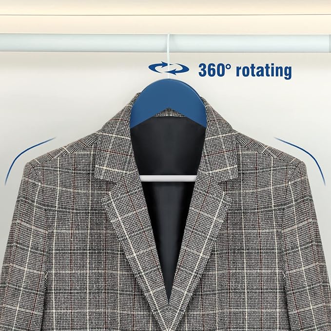 TOPIA HANGER Premium Wooden Hangers with Non-Slip Pant Bar, 360°Swivel Hook and Shoulder Notches, 16 Pack Solid Wood Clothes Hangers for Suit, Coat, Jacket, Camisole(Blue/White)-CT35BW1