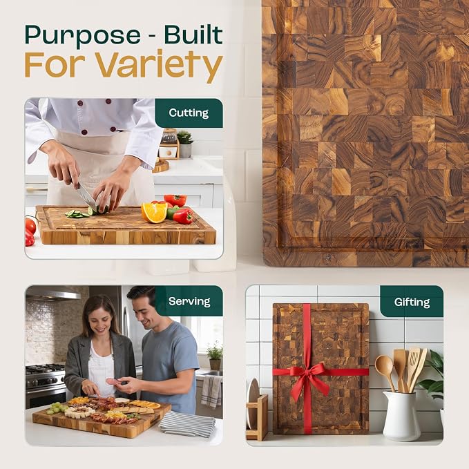 Yes4All Durable Teak Cutting Boards for Kitchen, [24''Lx18''Wx1.5” Thick] Extra Large End Grain Cutting Board, Pre Oiled Wood Cutting Boards, Thick Chopping Board w/Juice Grooves and Easy Grip Handle
