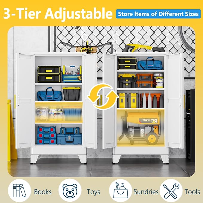 PAOFIN Metal Storage Cabinet with 2 Doors and 3 Adjustable Shelves, Metal Garage Storage Cabinets, File Cabinet,Steel Tool Cabinets for Home,Office,Garage,School,Warehouse (White)