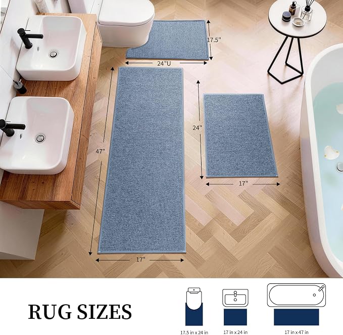 YIHOUSE Navy Blue Bathroom Rugs Sets 3 Piece, Quick Dry Thin Bath Mat with Toilet Rug, Non Slip Absorbent Machine Washable, Bath Runner Rugs for Bathtub Sink Home Decor